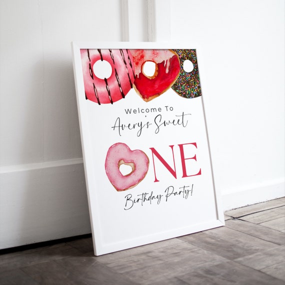 Sweet One Red Donut Birthday Welcome Sign - Editable Any Age Party Template, Baby Girl's First Birthday Party Printable, Print and Digital