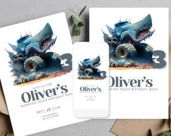 Plantilla de invitación de cumpleaños de Monster Truck, invitación de primer cumpleaños de Race Car, fiesta de Monster Jam, invitaciones imprimibles de cumpleaños