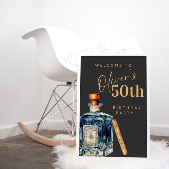 Adult Whiskey and Cigar Birthday Welcome Sign, Editable Any Age Men's Birthday Banner, Printable Bday Template, Instant Download