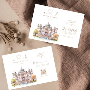 Cartão QR RSVP para impressão de casamento de castelo de conto de fadas, modelo de detalhes de casamento de princesa, cartões de festa editáveis Happily Ever After, impressão, digital