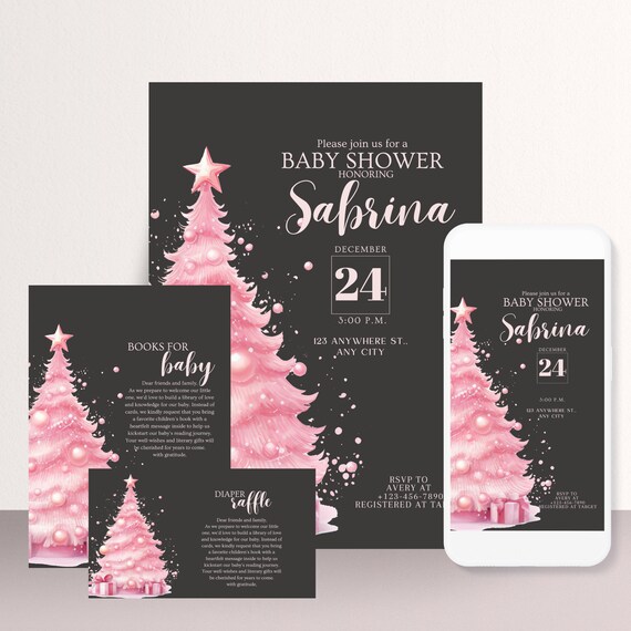 Pink and Black Christmas Tree Baby shower Invitation Bundle, Winter Girl Baby Shower Invites, Winter Pink Books For Baby, Diaper Raffle Card