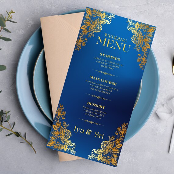 Royal Blue and Gold Indian Wedding Menu Template | Elegant Customizable Engagement and Wedding Menu Design | Traditional Personalized