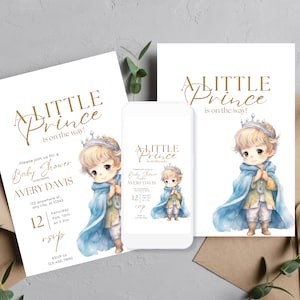Modelo de convite para chá de bebê do príncipe, convite para festa com tema de conto de fadas para impressão do príncipe, um pequeno príncipe está a caminho convites azuis