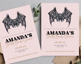 Bat Bow Halloween Baby Shower Invitation | Pink & Black Baby Shower Invite | Spooky Batty Baby Shower Template | Printable Halloween Party