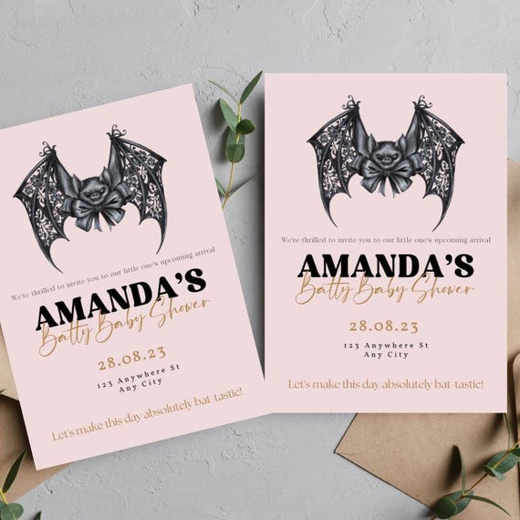 Bat Bow Halloween Baby Shower Invitation | Pink & Black Baby Shower Invite | Spooky Batty Baby Shower Template | Printable Halloween Party