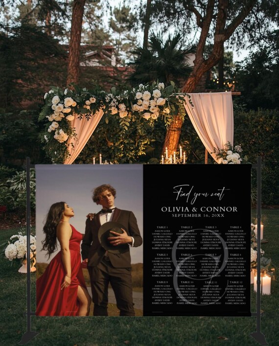 Custom Wedding Photo & Guest List Seating Chart Banner with Stand – Personalized Fabric Wedding Sign