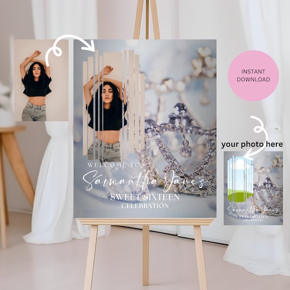 Editable Prom 16th Birthday Welcome Sign Template | Custom Photo Birthday Crown Poster | Modern Sweet 16 Party Decor | Celebration Sign