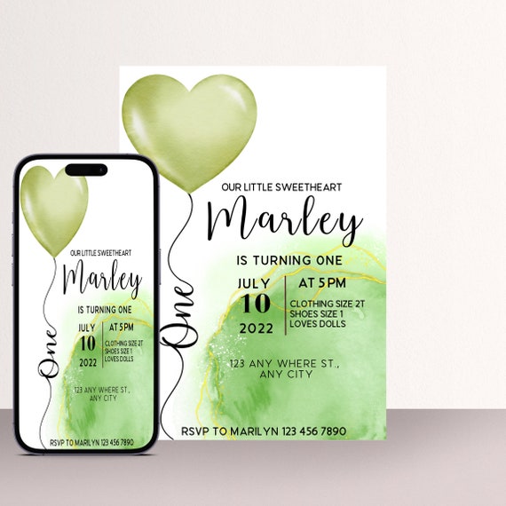 Valentine Green Heart Birthday Invitation, First Birthday Invite, Watercolor Heart Balloon, Print and Digital #HBG