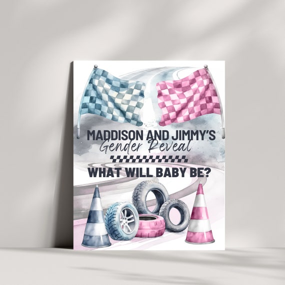 Editable Racing Welcome Sign Template, Pink & Blue Gender Reveal Race Track Party Sign Decor Custom Poster for Race-Themed Baby Reveal Party
