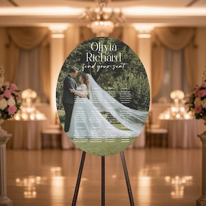 Custom Wedding Photo Seating Chart Sign Oval | Personalized Guest Seating Display with Photo | Reception Table Plan | Elegant Wedding Decor