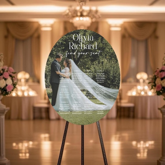 Custom Wedding Photo Seating Chart Sign Oval | Personalized Guest Seating Display with Photo | Reception Table Plan | Elegant Wedding Decor