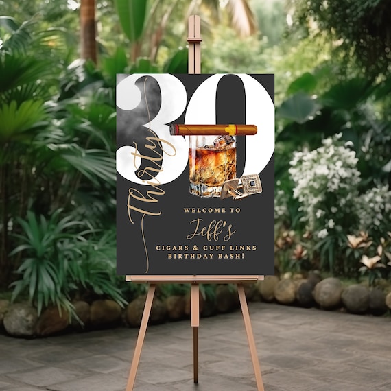Customizable Black & Gold Whiskey and Cigars Party Welcome Sign with Cufflinks Birthday Banner - Elegant Design Whiskey, Cigars