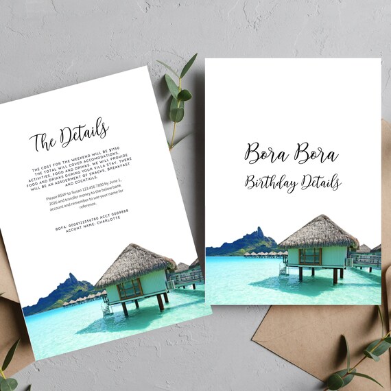 Bora Bora Birthday Vacation Detail Card Template, French Polynesia Birthday, Printable Beach Weekend Details, Instant Download #BBI
