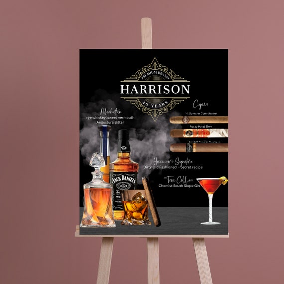 Whiskey and Cigar Birthday Bar Menu Sign, Men's Cigar Birthday Banner, Printable Cocktail Bar Signs, Cigar Menu Print and Digital