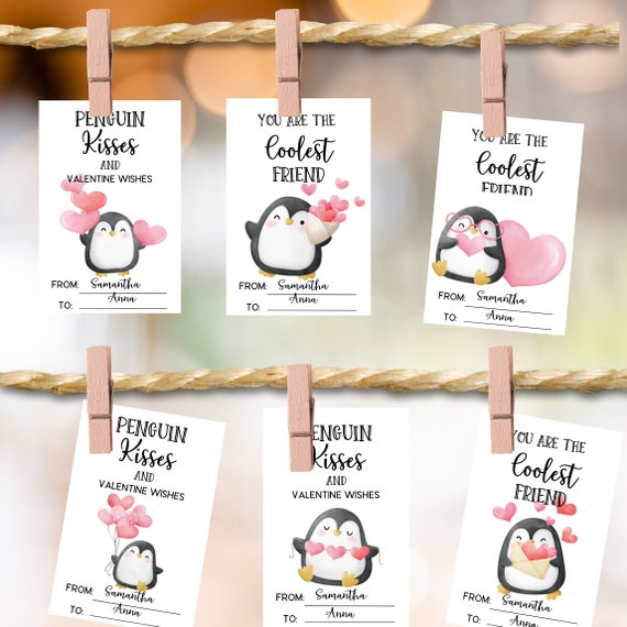 Penguin Valentine Day School Cards, Kids Classroom Printable Valentines Card, Editable Children Valentine Cards, #Vale