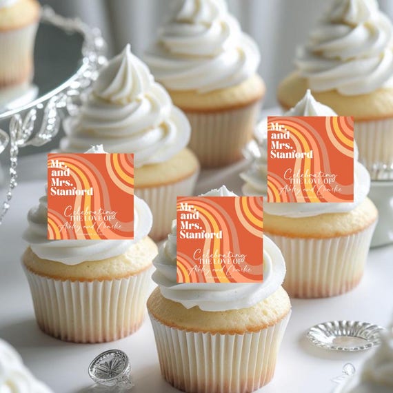 Retro Wave Wedding Edible Cupcake Toppers | 70s Groovy Cake Decorations | Vintage Party Dessert Table Decor