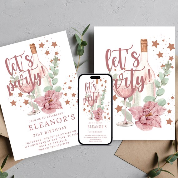 Ladies Champagne 21st Birthday Invitation, Cocktail Party Invitations, Printable Template Invites, Print and Digital, #CBP