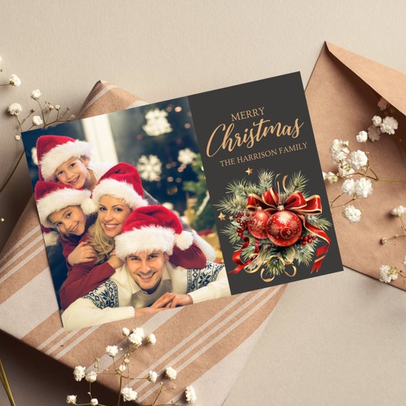 Christmas Photo Card Template, Photo Holiday Card, Merry Christmas, Winter Ornament Printable, Editable Template photo card
