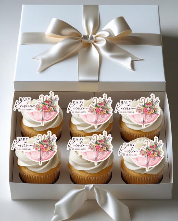 April Showers Baby Shower Edible Cupcake Toppers, Pink Umbrella Floral Decorations, A Baby Is Blooming Spring Baby Shower Decor