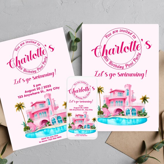 Pink Pool Party Birthday Invitation, Malibu Custom Invitations, Summer Beach Party, Pool Party, Pink Printable Invites, Print, Digital, #BRB