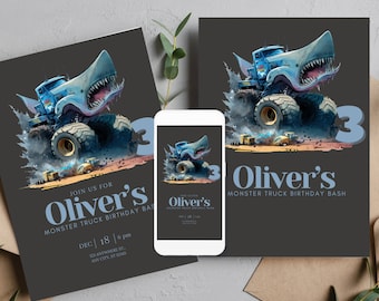 Plantilla de invitación de cumpleaños de Monster Truck, invitación para el primer cumpleaños de un auto de carreras, fiesta de Monster Jam, invitaciones imprimibles de cumpleaños