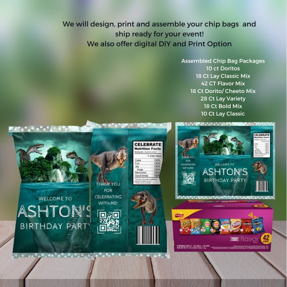 Editable T-Rex Chip Bag Template, Dinosaur Snacks Treat Bag Wrapper, Printable Dinosaur Birthday Party Decoration, Print, Digital, Assembled