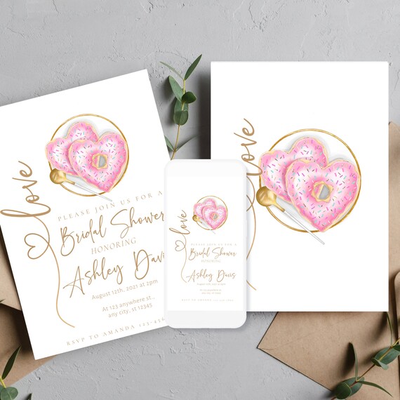 Editable Love Bridal Shower Invitation Template, Custom Wedding Love Invite,  Personalized Bridal Shower Pink And Gold Heart Invitations