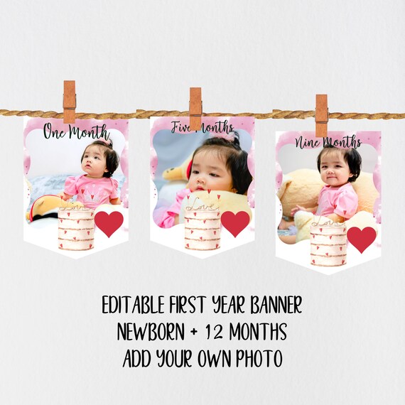 Valentine Birthday Party Monthly Banner Template, Valentines Cake Hearts Banners, Printable Bunting Banner, Print and Digital, #VAL