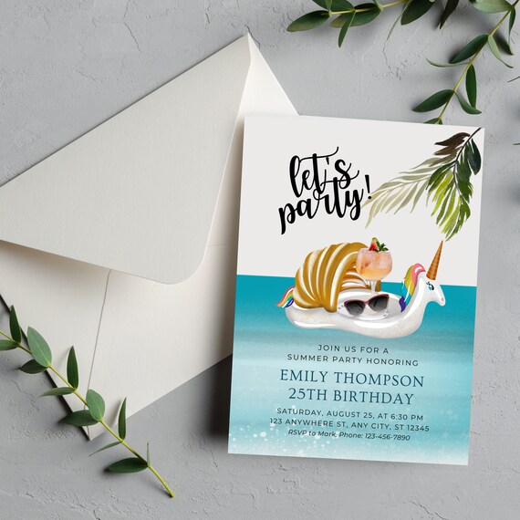 Adult Summer Party Birthday Invitation, Pool Party Invitations, Pool Birthday Invite, Adult Summer Floatie Template, Print and Digital, #SFT