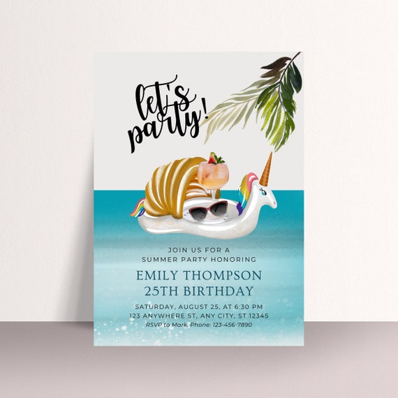 Adult Summer Party Birthday Invitation, Pool Party Invitations, Pool Birthday Invite, Adult Summer Floatie Template, Print and Digital, #SFT
