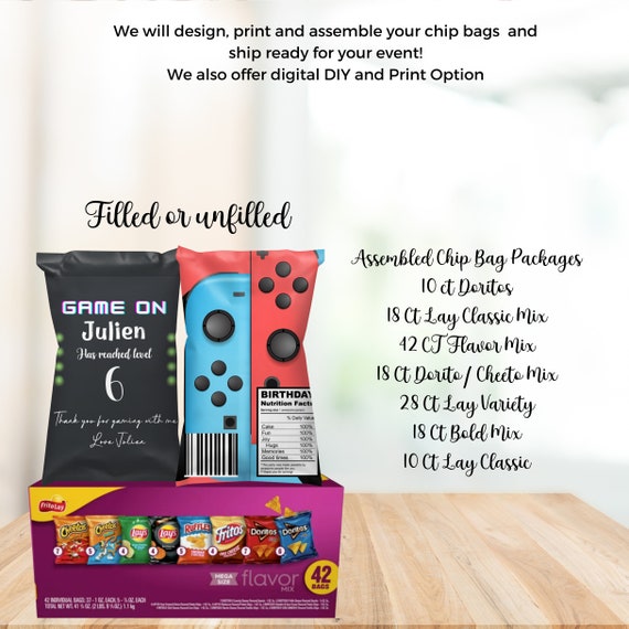 Video Game Assembled Chip Bag , Chip Bags Party Favor, Video Game Birthday Theme, Print, Digital And Assembled Labels, #PGCB