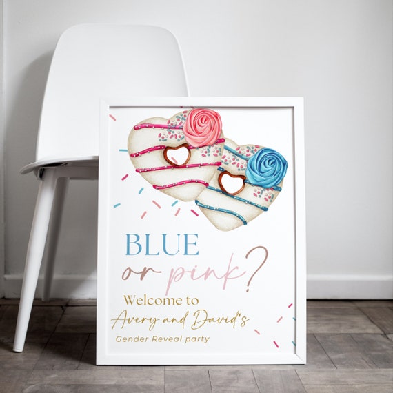 Sweet Donut Baby Shower & Gender Reveal Welcome Sign Template - Pink and Blue Heart Donuts Banner - Personalized Printable Signs