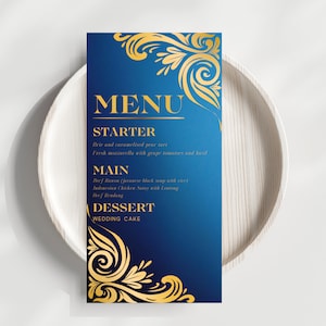 Diseño de menú de boda azul real y dorado / Plantilla de menú de compromiso elegante personalizable / Menú de boda personalizado