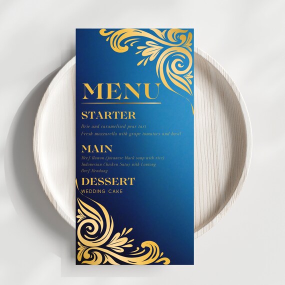 Royal Blue & Gold Wedding Menu Design | Customizable Elegant Engagement Menu Template | Personalized Wedding Menu