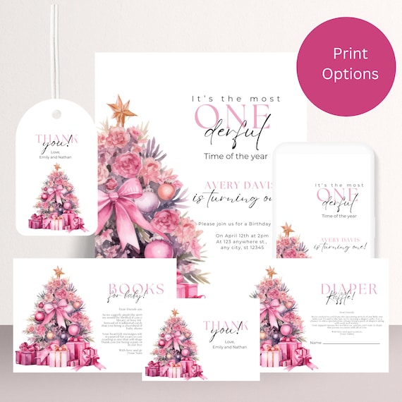 Pink Christmas Tree Baby shower Invitation Bundle, Winter Girl Baby Shower Invitations, Winter Pink Books For Baby, Diaper Raffle Card