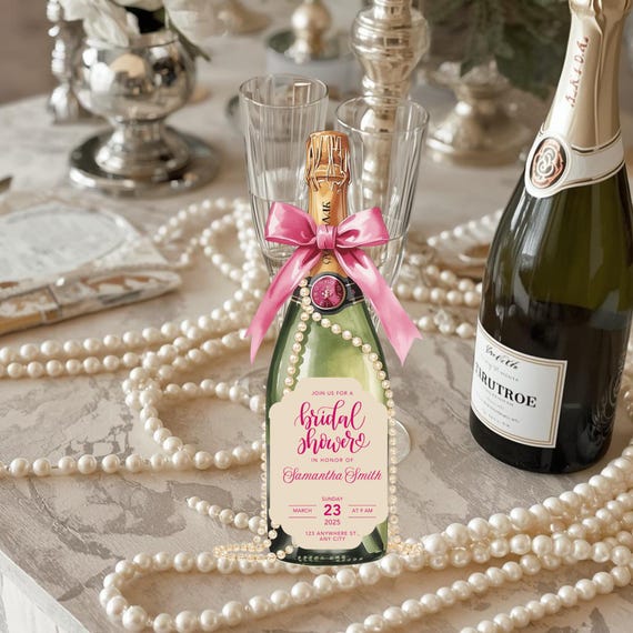 Pearls & Prosecco Bottle Invitation 3D | Champagne Bottle Shape Invite | Bridal Shower Bubbly Theme | Girls Night Party Invite