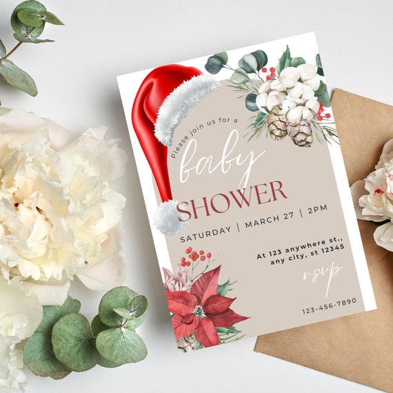 Customizable Christmas Baby Shower Invitation Template, Winter Baby Shower Digital Invite, Christmas Boho Arch Baby Shower