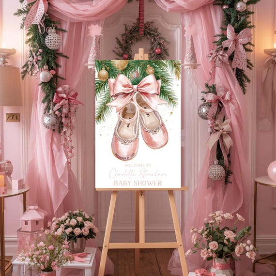Christmas Baby Shower Welcome Sign for Girl – Personalized Pink Baby Shoes Decor – Holiday Baby Shower Decoration – Custom Mom to Be Sign
