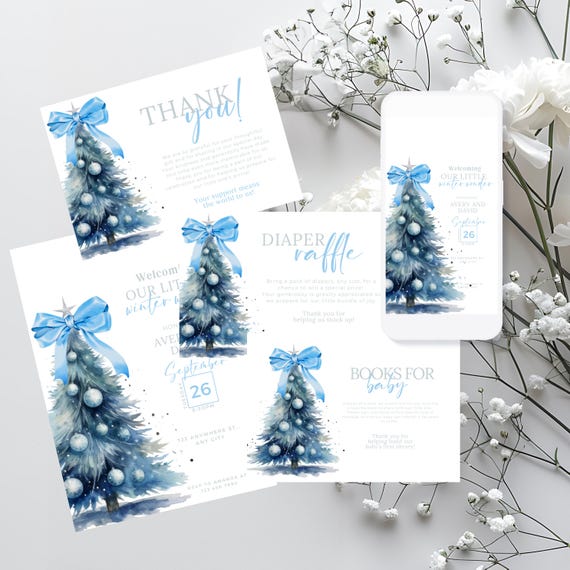 Personalized Winter Baby Shower Invitation Suite, Editable Blue Christmas Tree, Boy Baby Shower Template with Diaper Raffle Thank You Card
