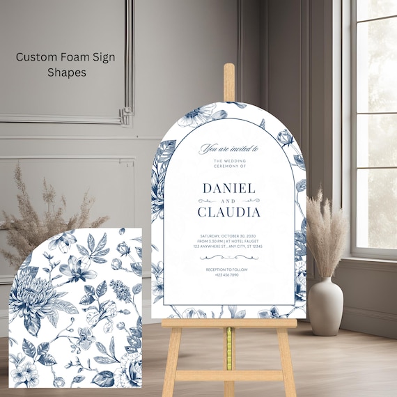 Vintage Dusty Blue and White Floral Arch Wedding Sign | Elegant Chinaware-Inspired Welcome Sign | Editable Wedding Entrance Sign Template