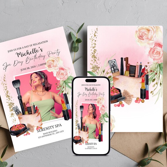 Spa Day Birthday Photo Invitation Template, Girly Slumber Party Invite, Sleep Over Makeup Bday, Glam Girls Night Out Printable, #SBP2