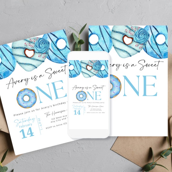 Sweet Blue Donut Birthday Invitation Template - Editable Party Invite, Printable DIY, Customizable Doughnut Theme Invitations