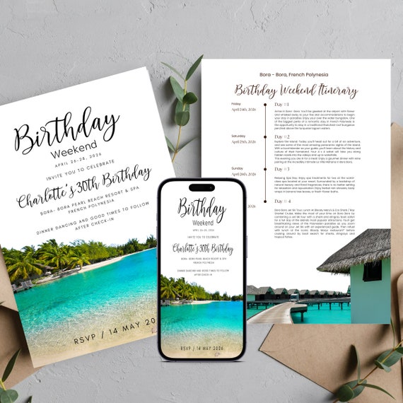 Bora Bora Birthday Invitation Template, French Polynesia Birthday Itinerary, Printable Beach Weekend Invite, Instant Download #BBI