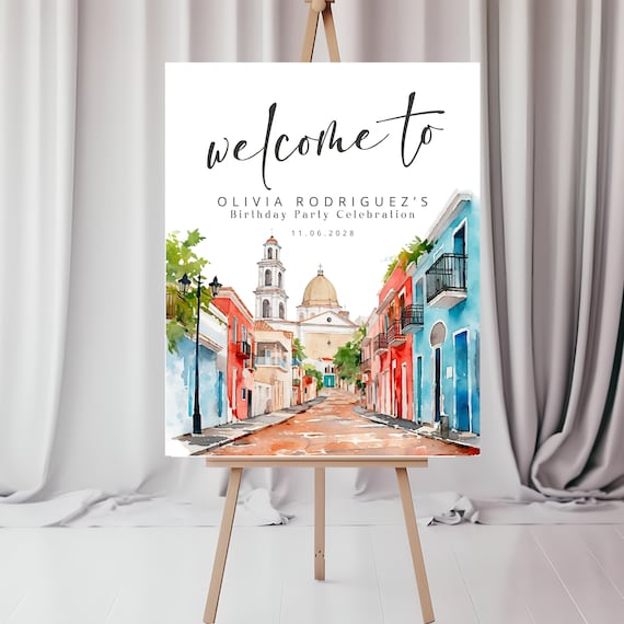 Editable Puerto Rico Birthday Welcome Sign Template, Printable Banner, Puerto Rican Skyline Decor, Instant Download