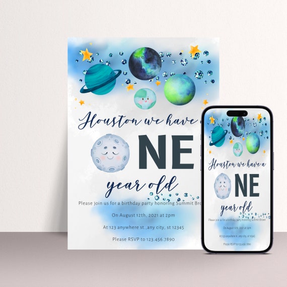 Space Birthday Invitation Template, Blue Galaxy Birthday Party Invite, Houston We Have a One Year Old, Stars Birthday Invite, #SBB
