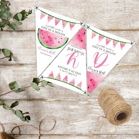 Watermelon Birthday Triangle Banner, Watermelon Bday Bunting Banners, One in a Melon Printable Banner, Instant Download, #MBP