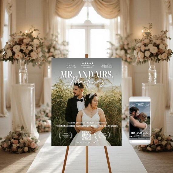 Wedding Seating Chart with QR Code | Movie Style Rolling Credits Guest List | Digital Printable Welcome Sign with Table Assignments