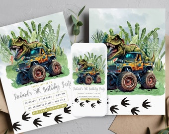 T Rex Dinosaur Monster Truck Birthday Party Invitation, Boys Printable T Rex Invite, Editable Dinosaur Birthday Invitation, Instant Download