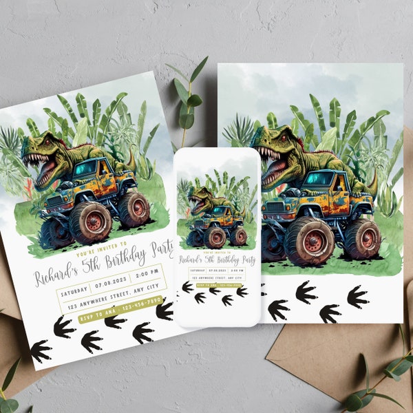 T Rex Dinosaur Monster Truck Birthday Party Invitation, Boys Printable T Rex Invite, Editable Dinosaur Birthday Invitation, Digital, Print