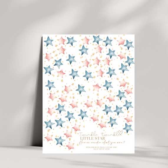 Twinkle Twinkle Little Star Gender Reveal Sign - Pink and Blue Stars Guestbook Signs - How We Wonder What You Are - Gender Guess Party Decor